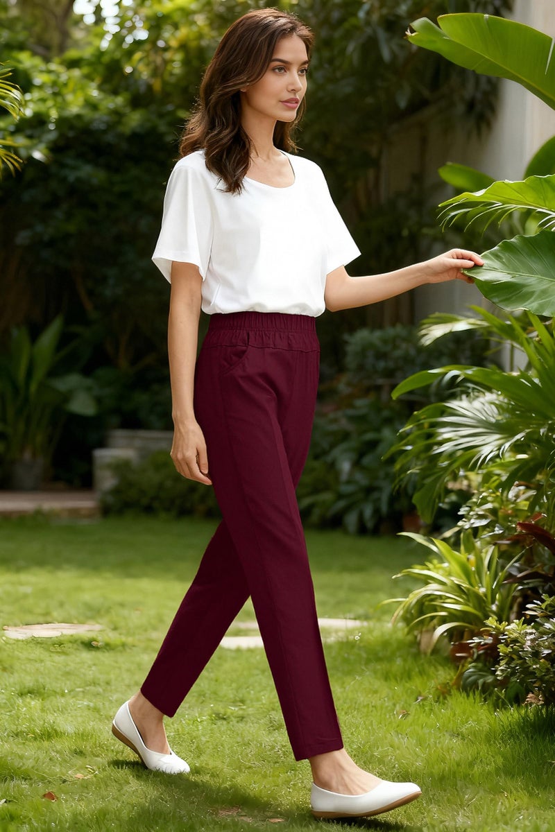 Soojun Womens Summer Elastic Waist Comfy Stretch Pull On Pants, Burgundy, X-Large - Image 5